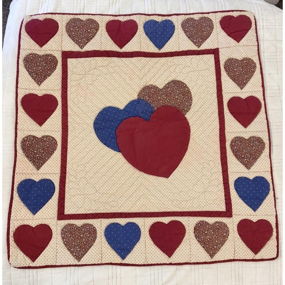 Handmade Hand Patchwork Wall Hanging Maroon Hearts Cottage Core Grandma Core VTG
